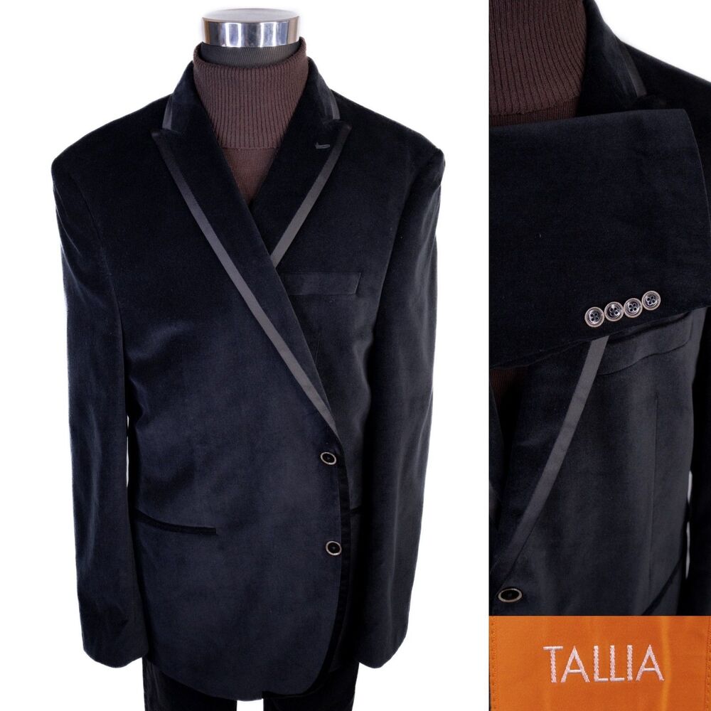 TALLIA Blazer Sport Coat Tuxedo Velvet 50L Solid Black Two Button Cotton Jacket